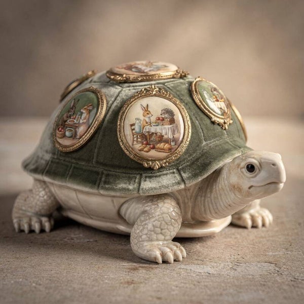 Stille verhalen – klassiek schildpad schilderij met miniatuur taferelen
