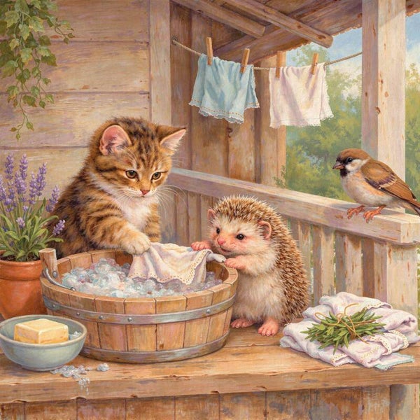 Schone Poetsers – schilderij met kitten, egel en mus op landelijke veranda