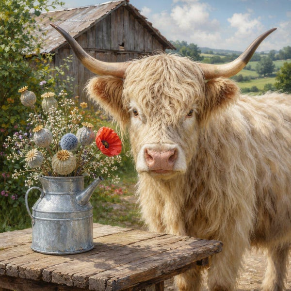 Boerenhof in Bloei – schilderij hooglander bij landelijke boerderij