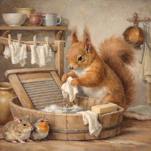 Schuim en Gezelligheid – schilderij met eekhoorn, roodborstje en muis