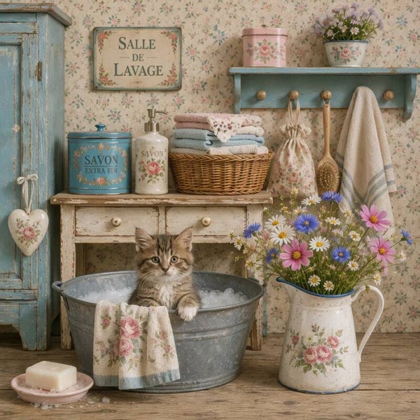 Schuim & Snorharen – landelijk schilderij met kitten in zinken teil