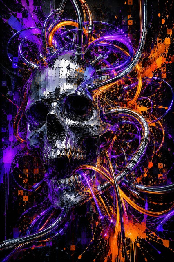 Neon Circuit Skull – Cyber Schedel Schilderij Paars Oranje met Kabels