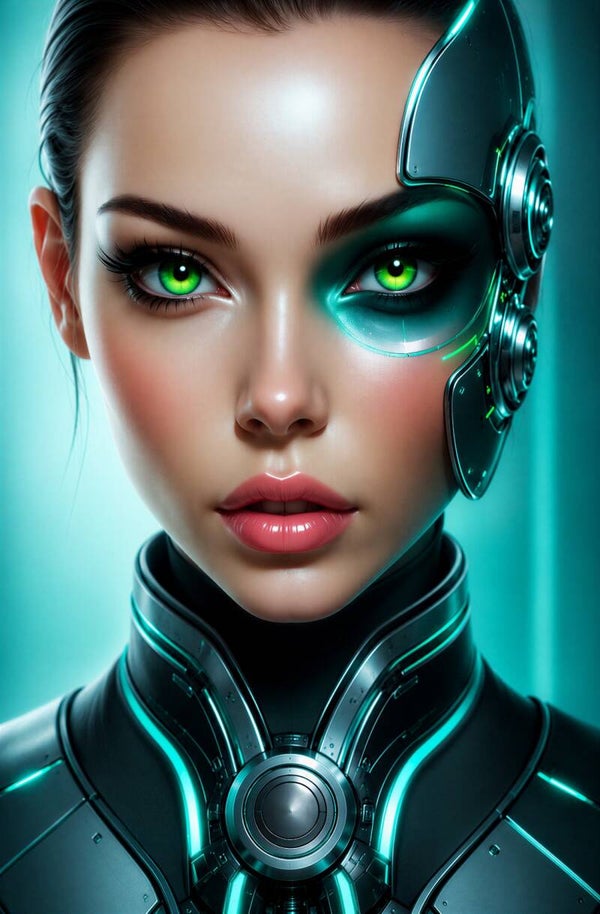 Emerald Protocol – futuristische cyborg vrouw schilderij groen