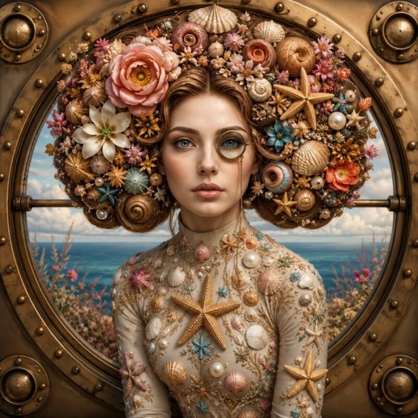 Seaside Heirloom – Vrouw schilderij met schelpen, zeesterren en bloemen