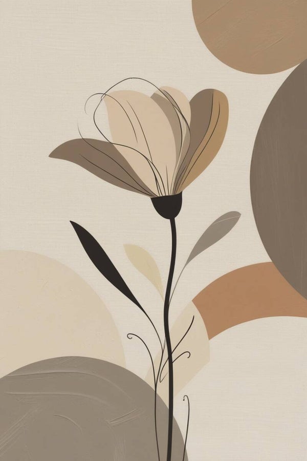 Serova – bloemenschilderij in beige en zand met fijne zwarte details