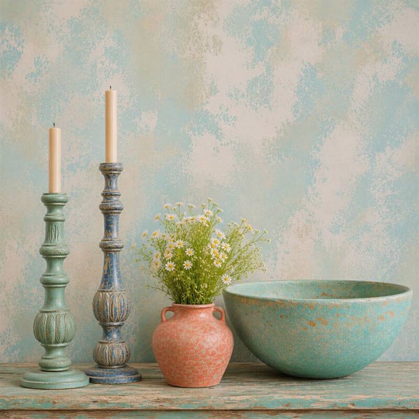 Rust in Balans – landelijk stilleven kaarsen bloemen schaal pastel kleuren schilderij
