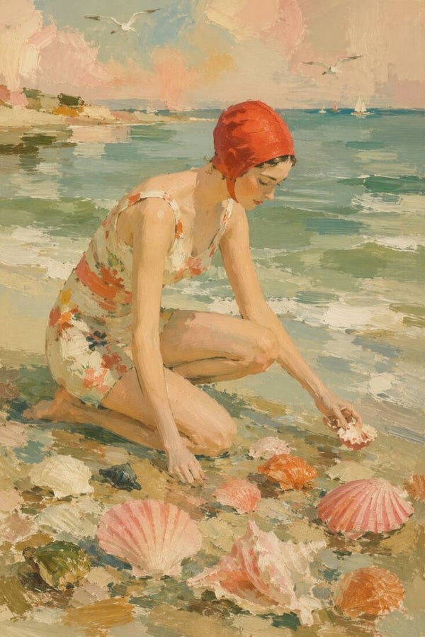 Schatten van het Strand – schilderij vrouw met schelpen