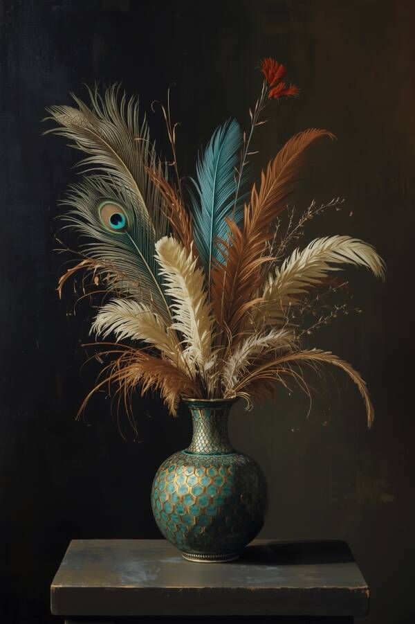 Verentempel – schilderij met sierveren in turquoise vaas met pauwenveer