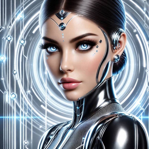 Silver Oracle – futuristische android vrouw schilderij