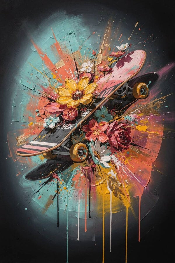 Floral Ride – skateboard schilderij tienerkamer urban bloemen wanddecoratie