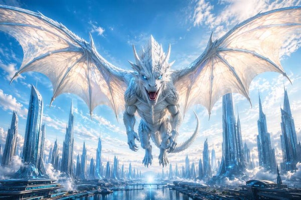 Skyborne Guardian – witte draak boven futuristische stad schilderij