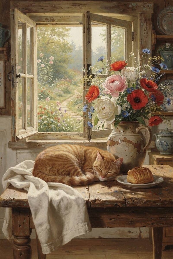Slapen bij het open raam – landelijk schilderij met kat en veldboeket