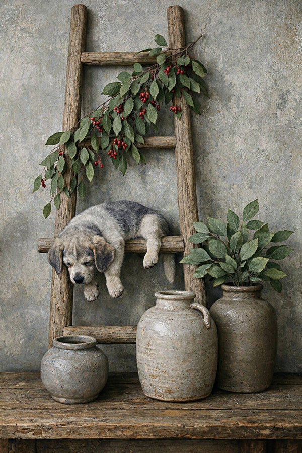 Slapende hond bij kruiken en ladder – schilderij voor landelijk interieur
