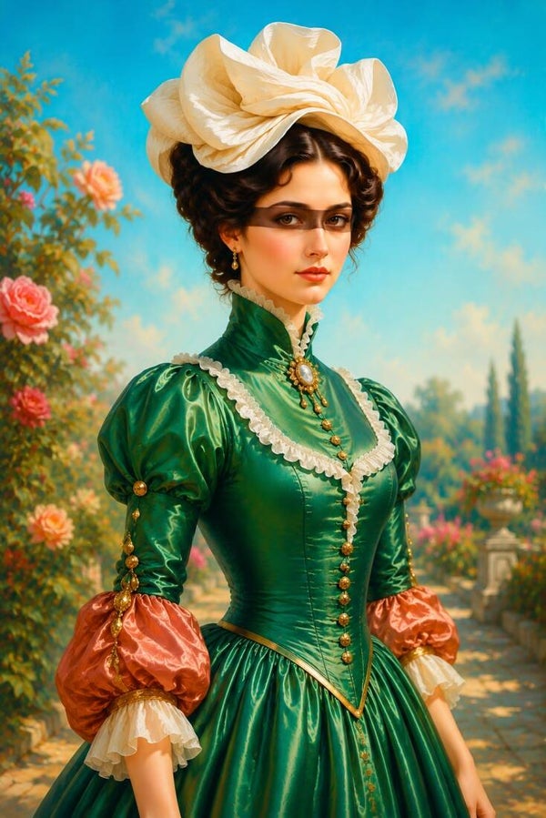 Smaragd in Bloei – vintage vrouw schilderij met bloementuin