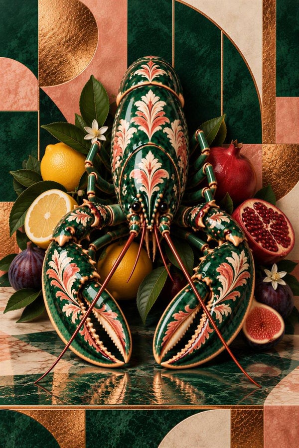 Smaragd Kreeft – luxe kreeft kunstwerk met granaatappel en citrus