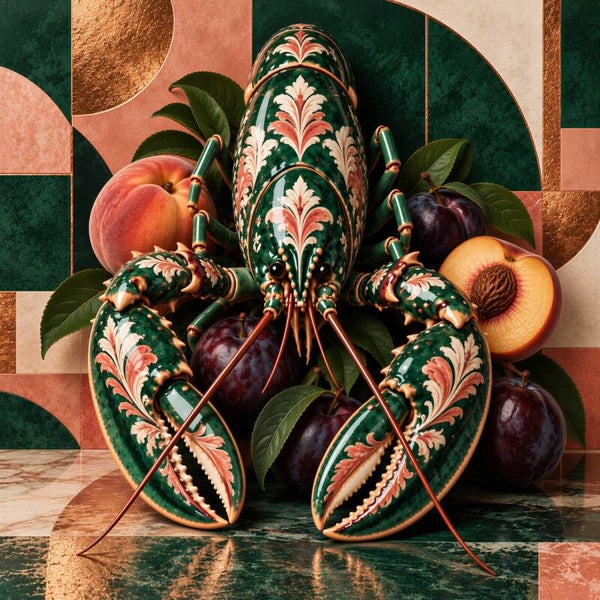 Smaragd & Perzik – luxe kreeft kunstwerk met perziken en pruimen