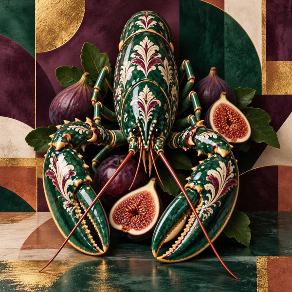 Smaragd & Vijg – luxe kreeft kunstwerk in groen en bordeaux