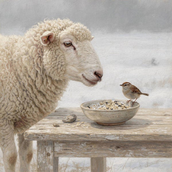 Sneeuwkom en Wolwarmte – schilderij met schaap, vogel en verweerde houten tafel