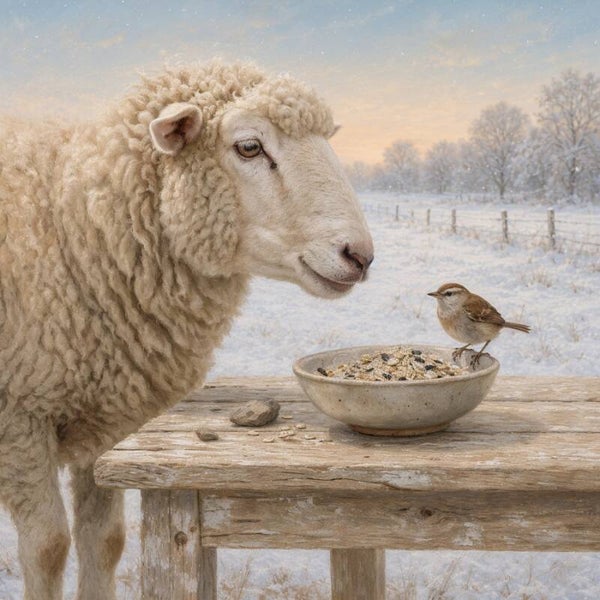 Sneeuwkom en Wolwarmte – winters schilderij met schaap en mus bij een voederschaal