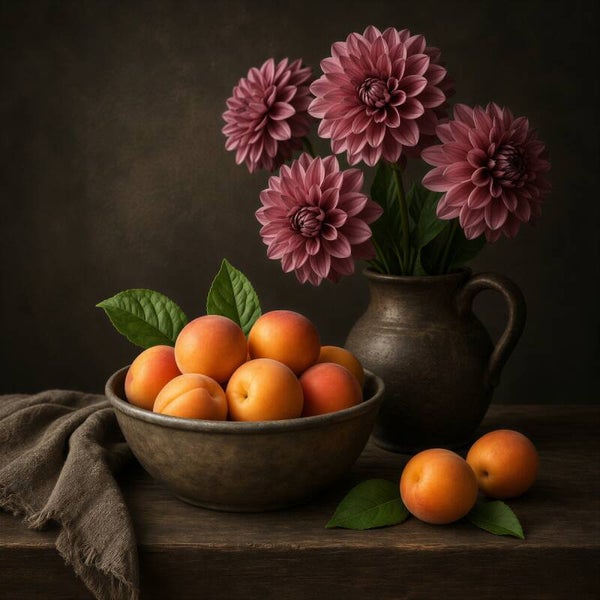 Sober Bloemenstilleven – landelijk schilderij met abrikozen en dahlia’s