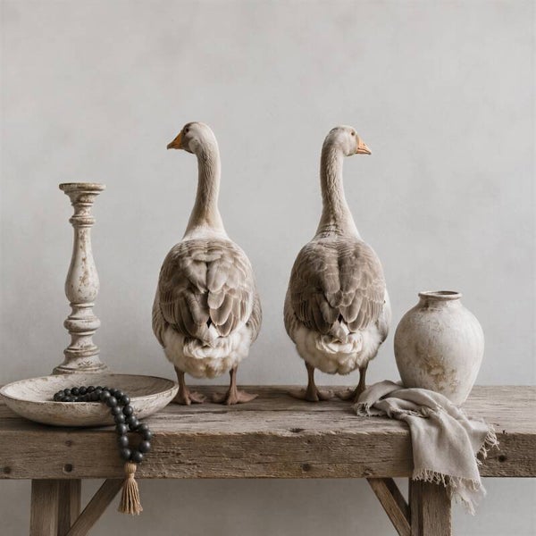 Samen in Rust – sober landelijk schilderij met ganzen in beige en taupe