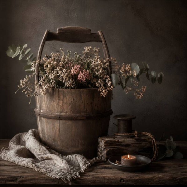 Warme Landelijke Sfeer – sober wonen schilderij houten emmer veldbloemen