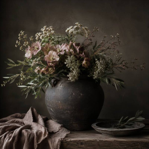 Zachte Voorjaarsbloemen – sober wonen schilderij bloemen vaas olijftakken