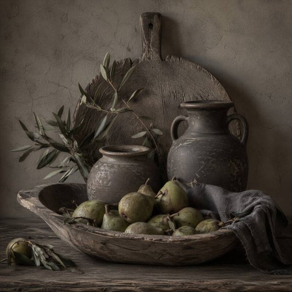 Oogst uit de Boomgaard – sober wonen schilderij peren houten schaal vazen