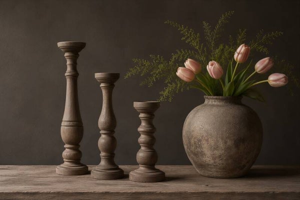 Tijdloze Tulpen – sober wonen schilderij tulpen vaas kandelaars