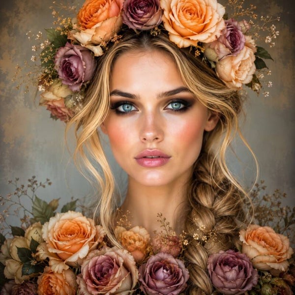 Soft Bloom – vrouw schilderij met rozen in perzik en lila tinten