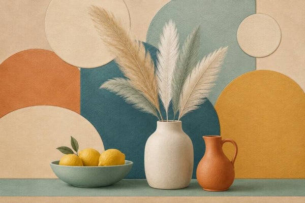 Soft Harvest – abstract stilleven met vaas, veren en citroenen