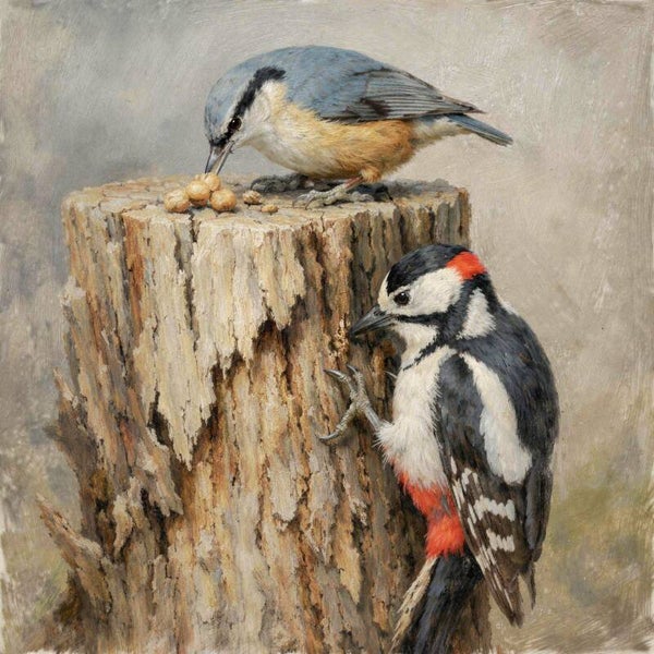Samen aan de Stam – landelijk schilderij met specht en boomklever