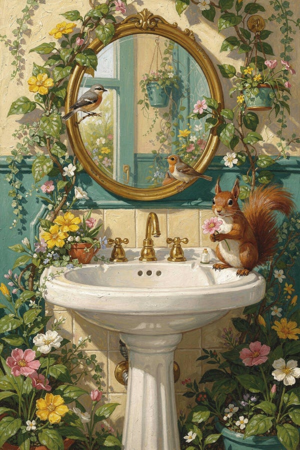 Spiegelbloei – schilderij met eekhoorn, vogels en bloemen in badkamer