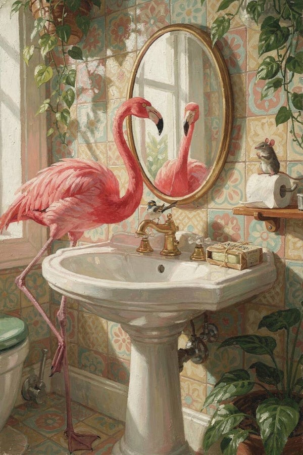 Spiegelpracht – schilderij met flamingo in vintage badkamer