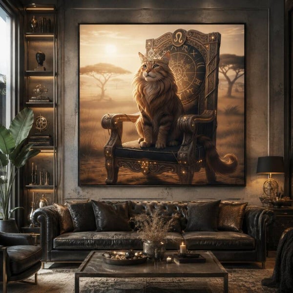 Astrologisch symbool van Leeuw – Koninklijke kat op astrologische troon