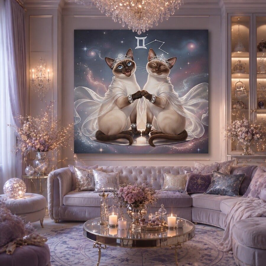 Tweelingziel – Tweelingen sterrenbeeld schilderij met Siamese katten