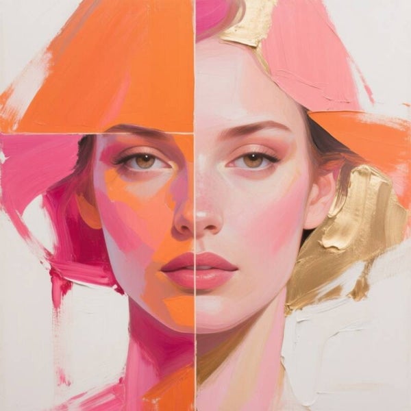 Split Harmony – Vrouw schilderij in oranje, roze en goud, moderne abstracte stijl