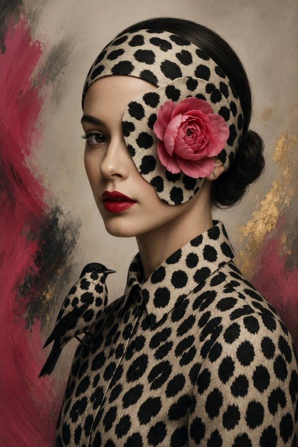Spotted Elegance – Vrouw schilderij met stippenpatroon en bloem