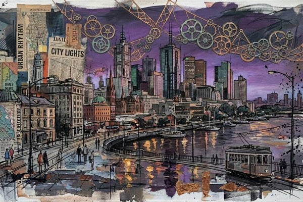 Stadslagen – schilderij stad met collage en kleur, moderne mix media wanddecoratie