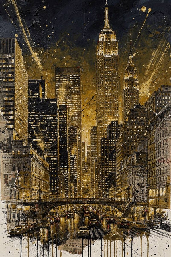 Gouden Metropool – schilderij stad skyline in goud en zwart, luxe mix media kunst