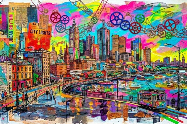 Kleurenstad – schilderij stad met felle kleuren, moderne mix media wanddecoratie