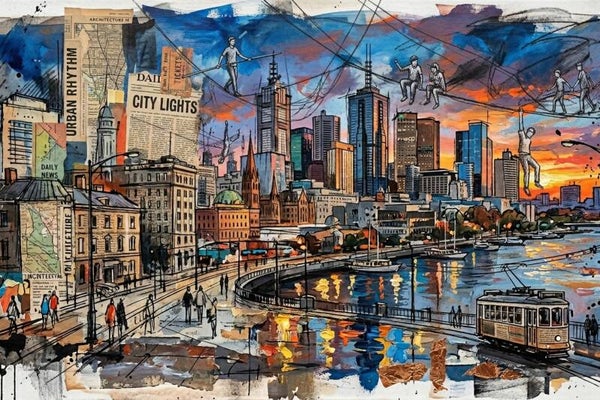 Stad in Beweging – schilderij stad met mensen en skyline, mix media wanddecoratie