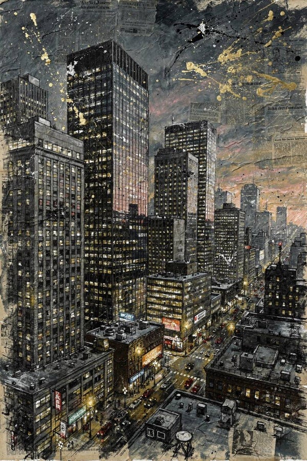Stadsritme – schilderij stad skyline, mix media en moderne wanddecoratie