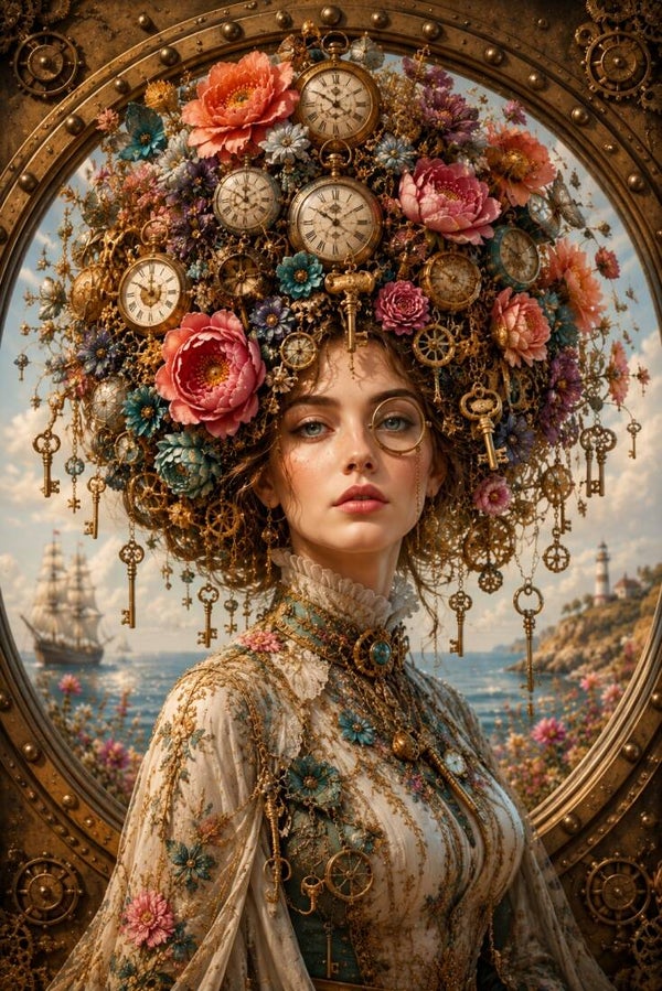 Tijdsleutels – steampunk vrouw schilderij met klokken, sleutels en bloemen