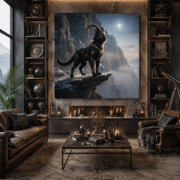 Astrologisch symbool van Steenbok – Zwarte kat met gouden details op bergklif
