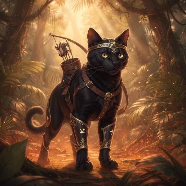 Vlamdrager – sterrenbeeld Boogschutter schilderij met zwarte kat en boog