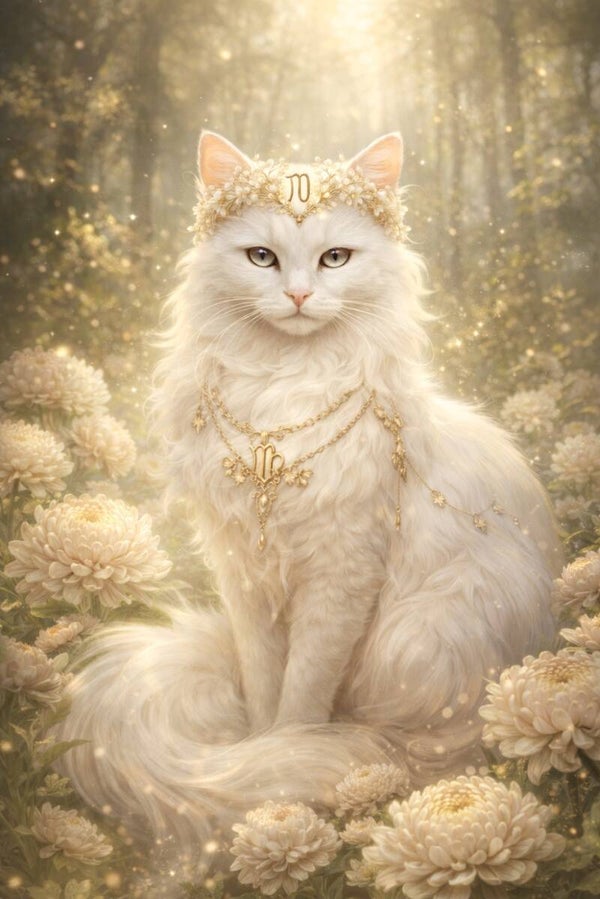 Sterrenlicht van de Maagd – sterrenbeeld Maagd schilderij met witte kat en bloemen
