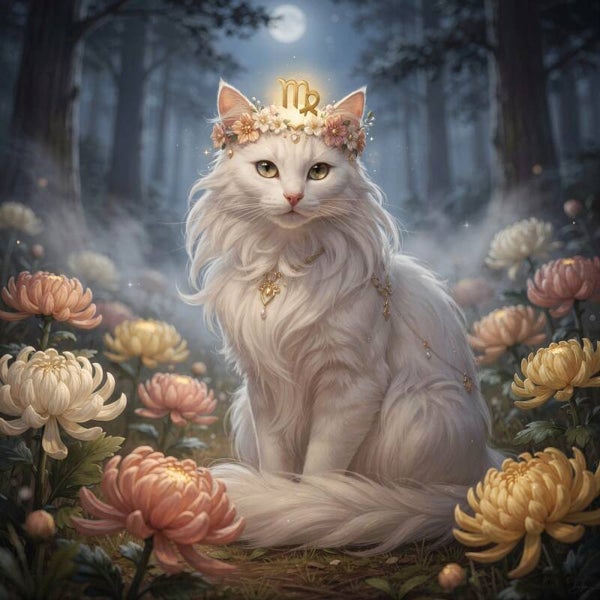 Maanbloei – sterrenbeeld Maagd schilderij met witte kat en chrysanten
