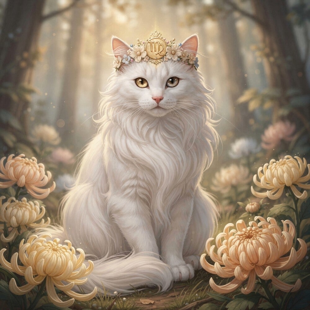 Zonnewijding – sterrenbeeld Maagd schilderij met witte kat en chrysanten