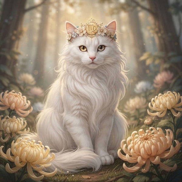 Zonnewijding – sterrenbeeld Maagd schilderij met witte kat en chrysanten